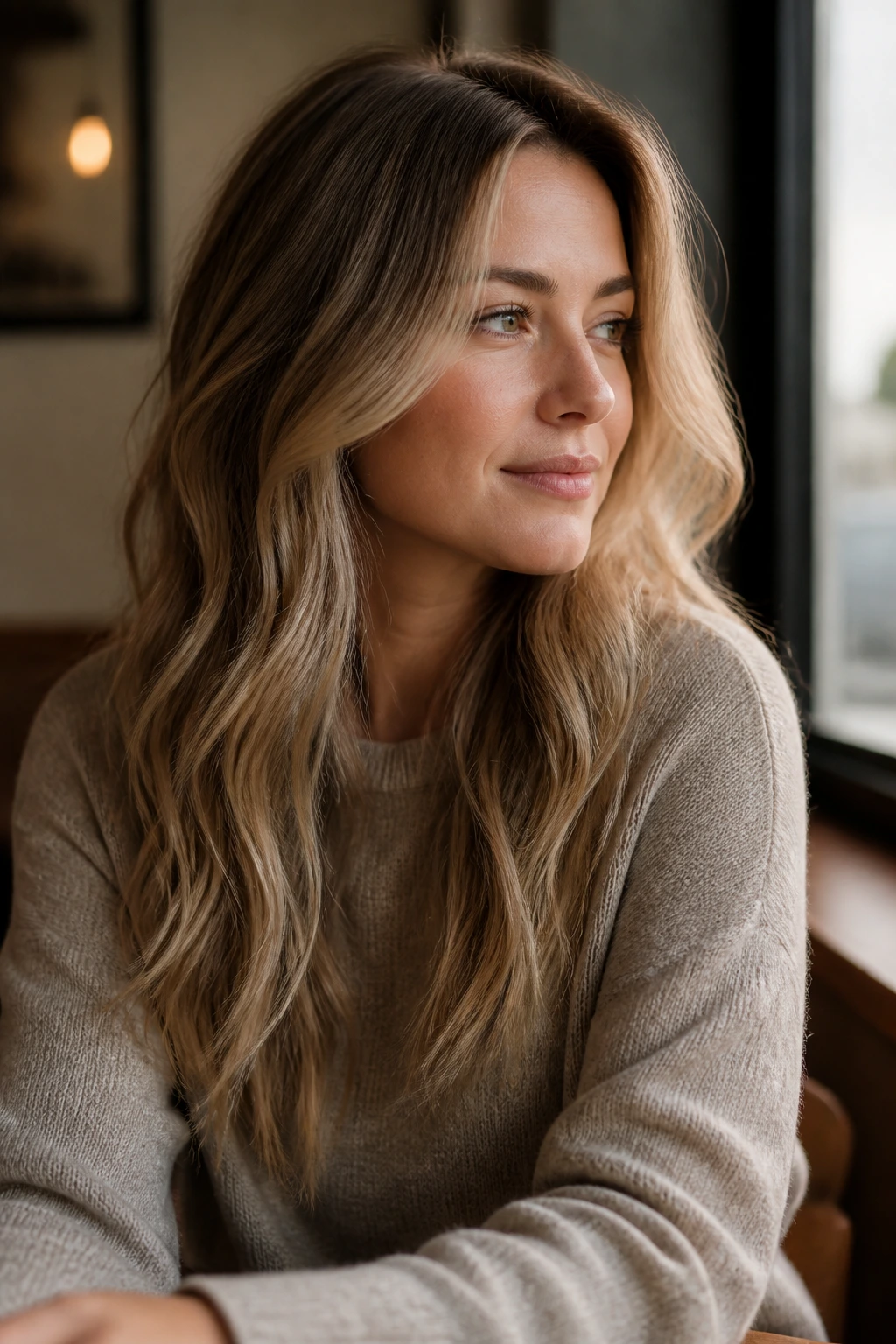 Close-up portrait of a real woman with soft beige hair in the soft zone, natural light highlighting root and muted midtone