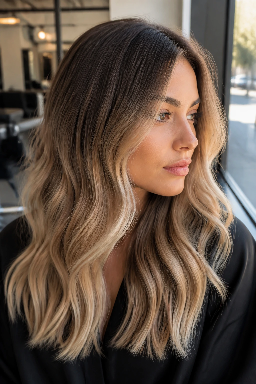 Close-up portrait of a real woman showing a dark-root beige melt with subtle gradient to lighter ends.