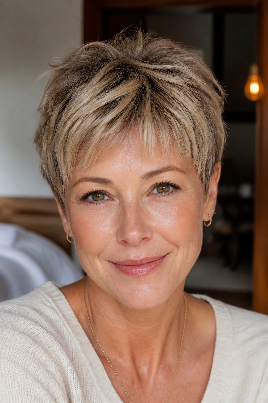 Close-up portrait of a real woman with beige sandy pixie, crown lift and soft hairline