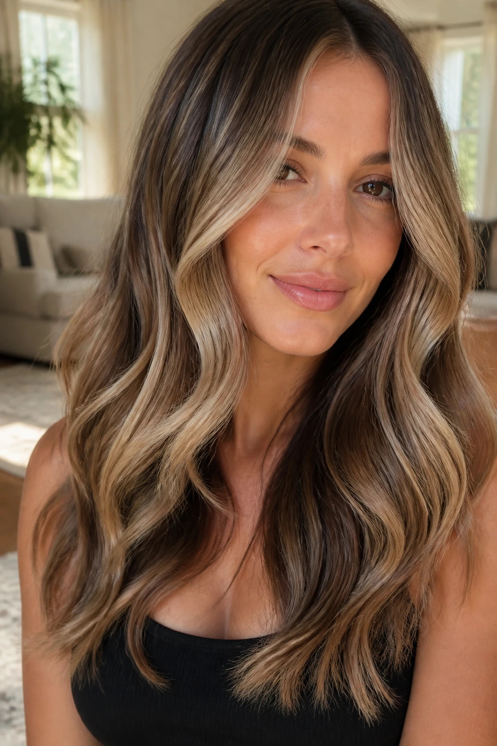 Close-up of real person with beige ribbon highlights through mid-length hair