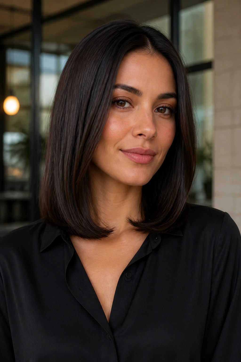 Real woman with a soft bend at the ends in shoulder-length hair