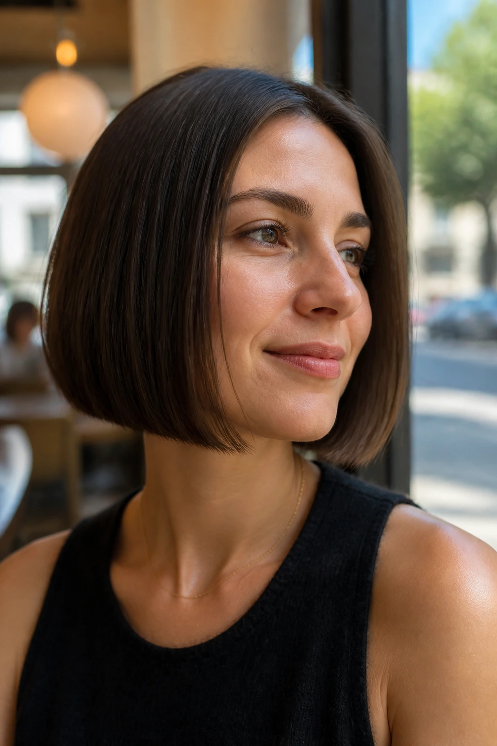 Close-up portrait of a real woman with a softly beveled blunt bob in warm cafe light