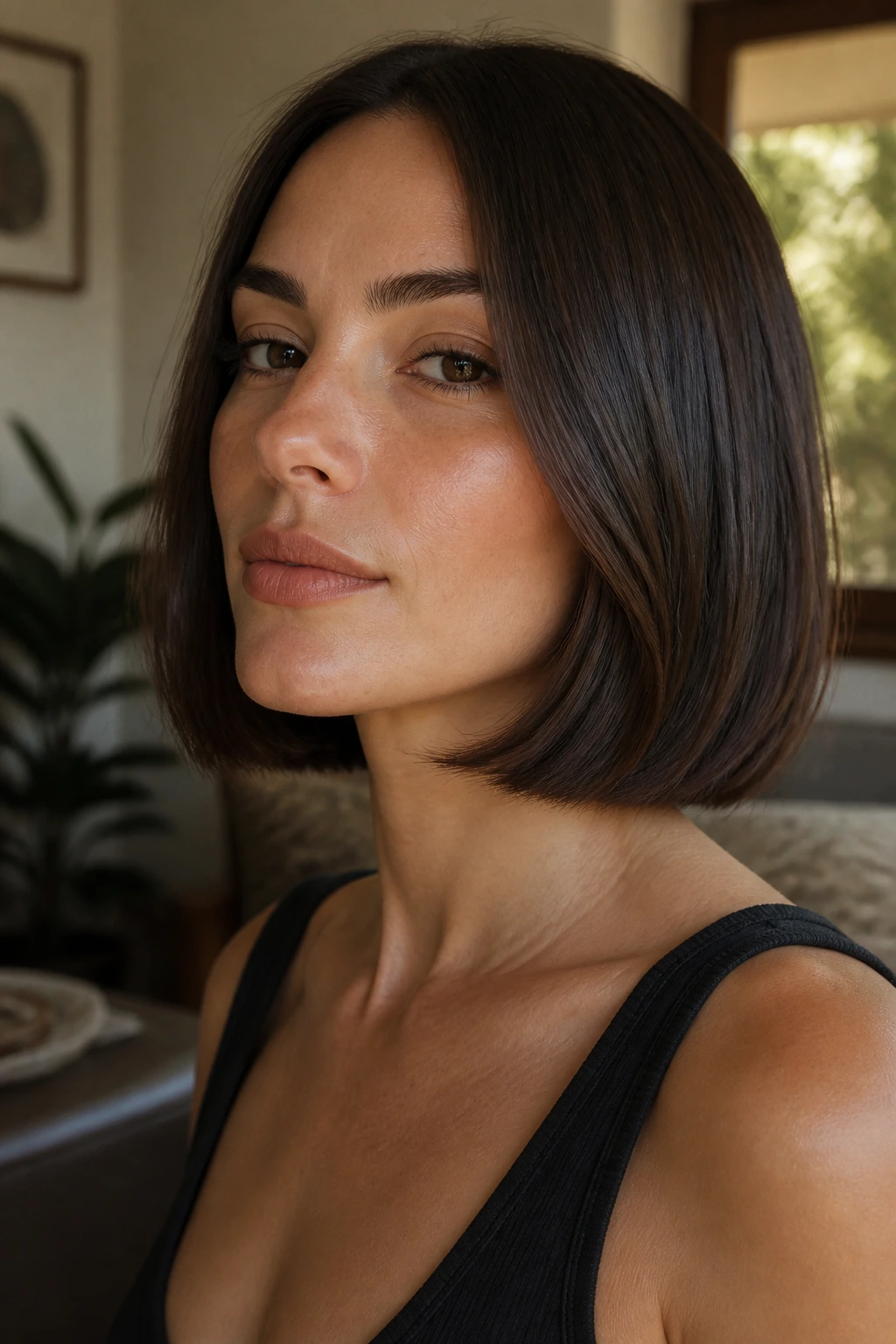 Close-up of a real woman with a soft-beveled blunt bob in a warm room
