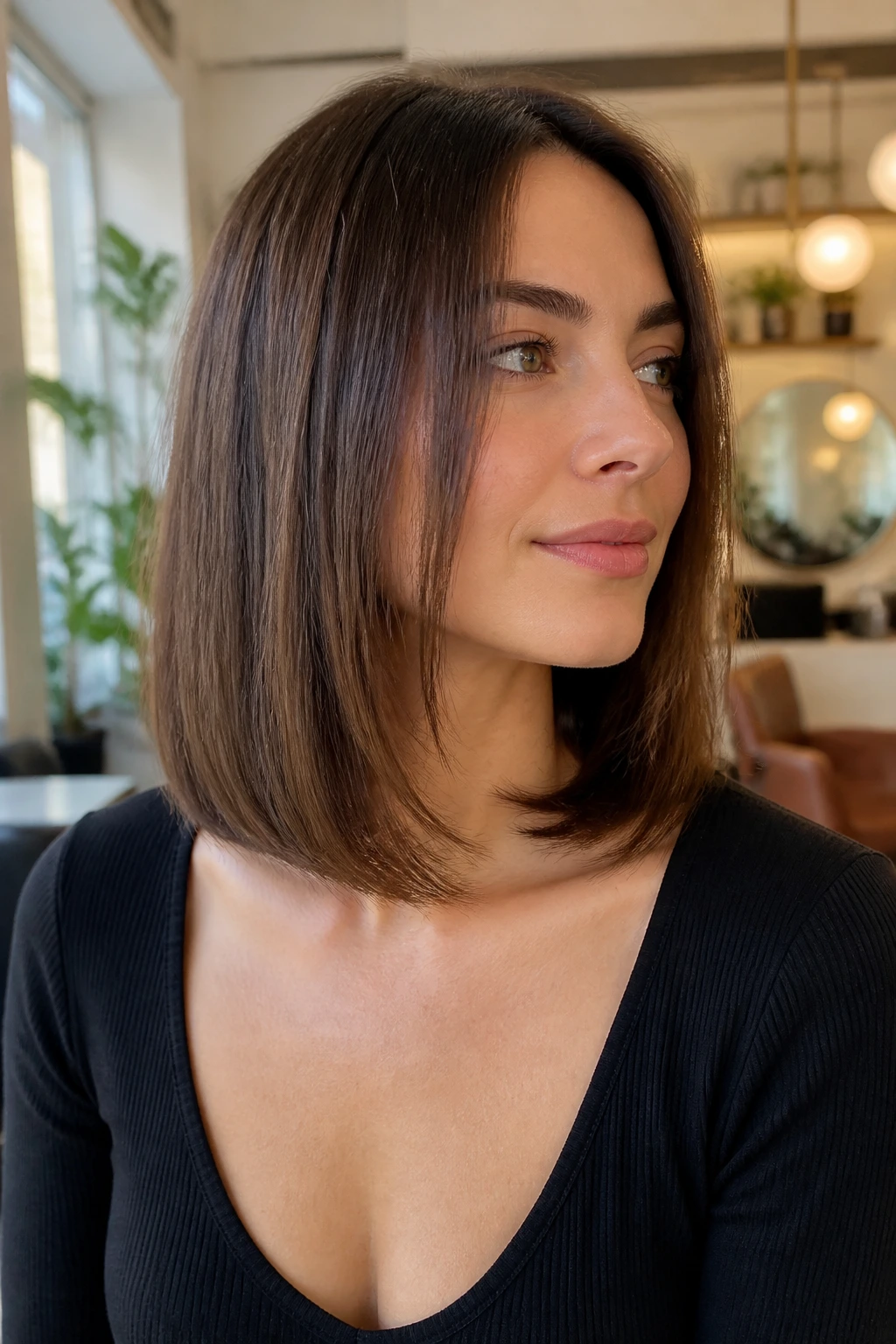 Close-up of a real woman with a soft beveled lob showing subtle inward curve at the ends