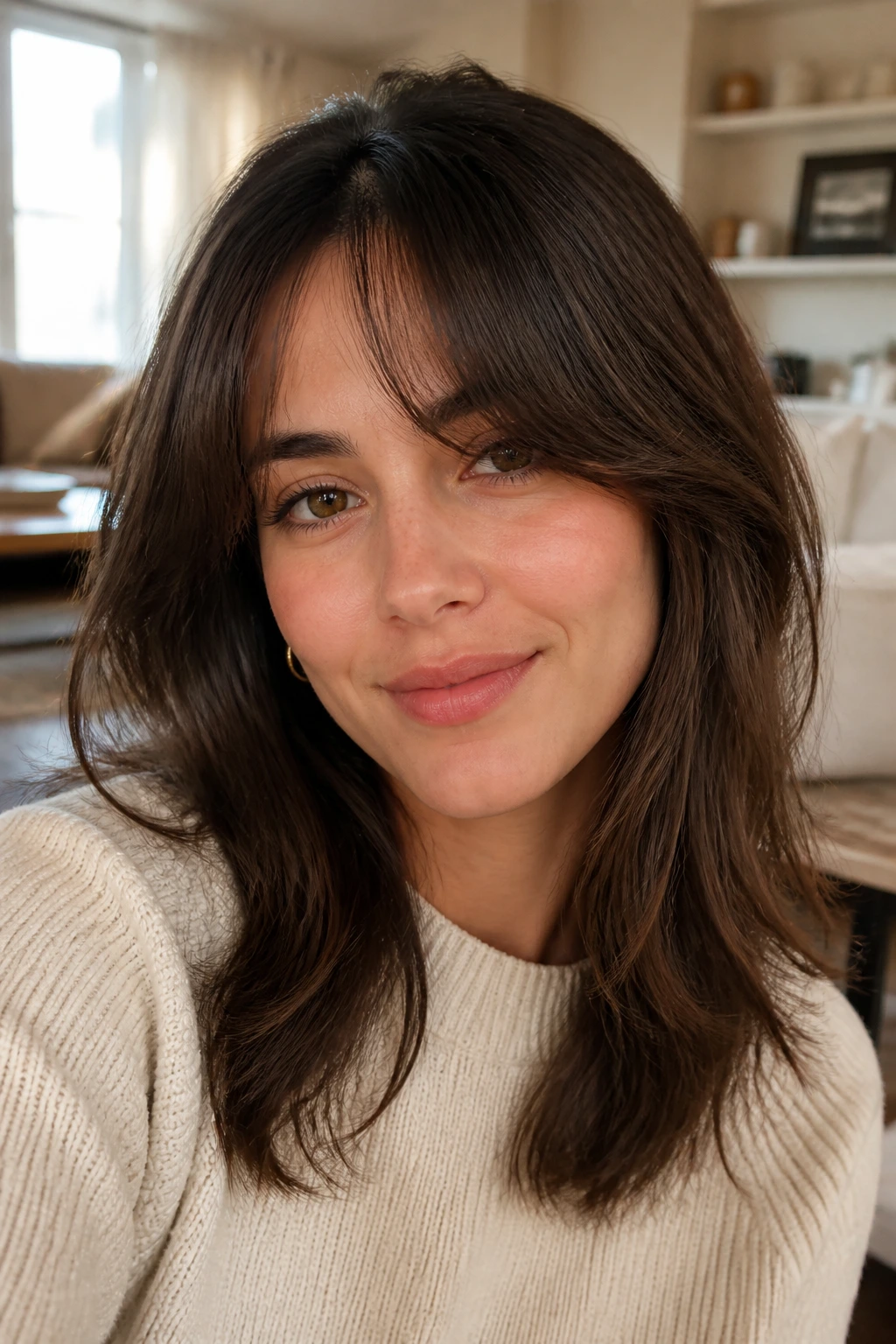 Real woman with soft Birkin bangs in warm indoor light