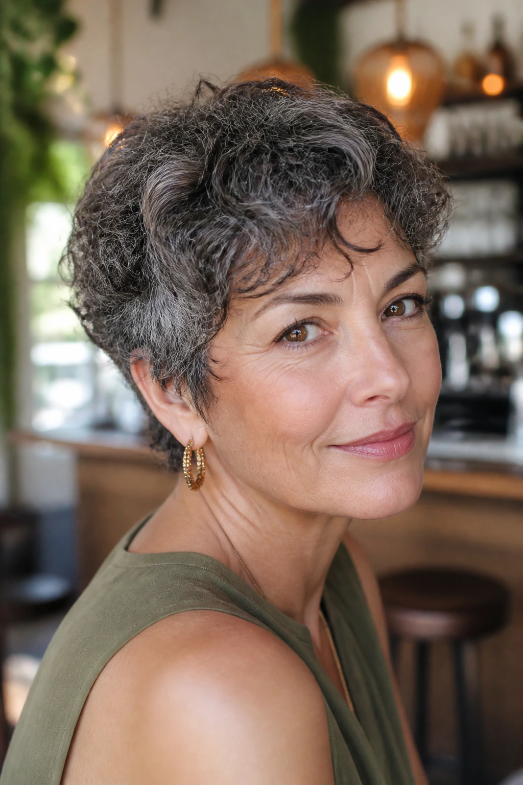Close-up portrait of a real woman with soft bixie haircut and curly texture
