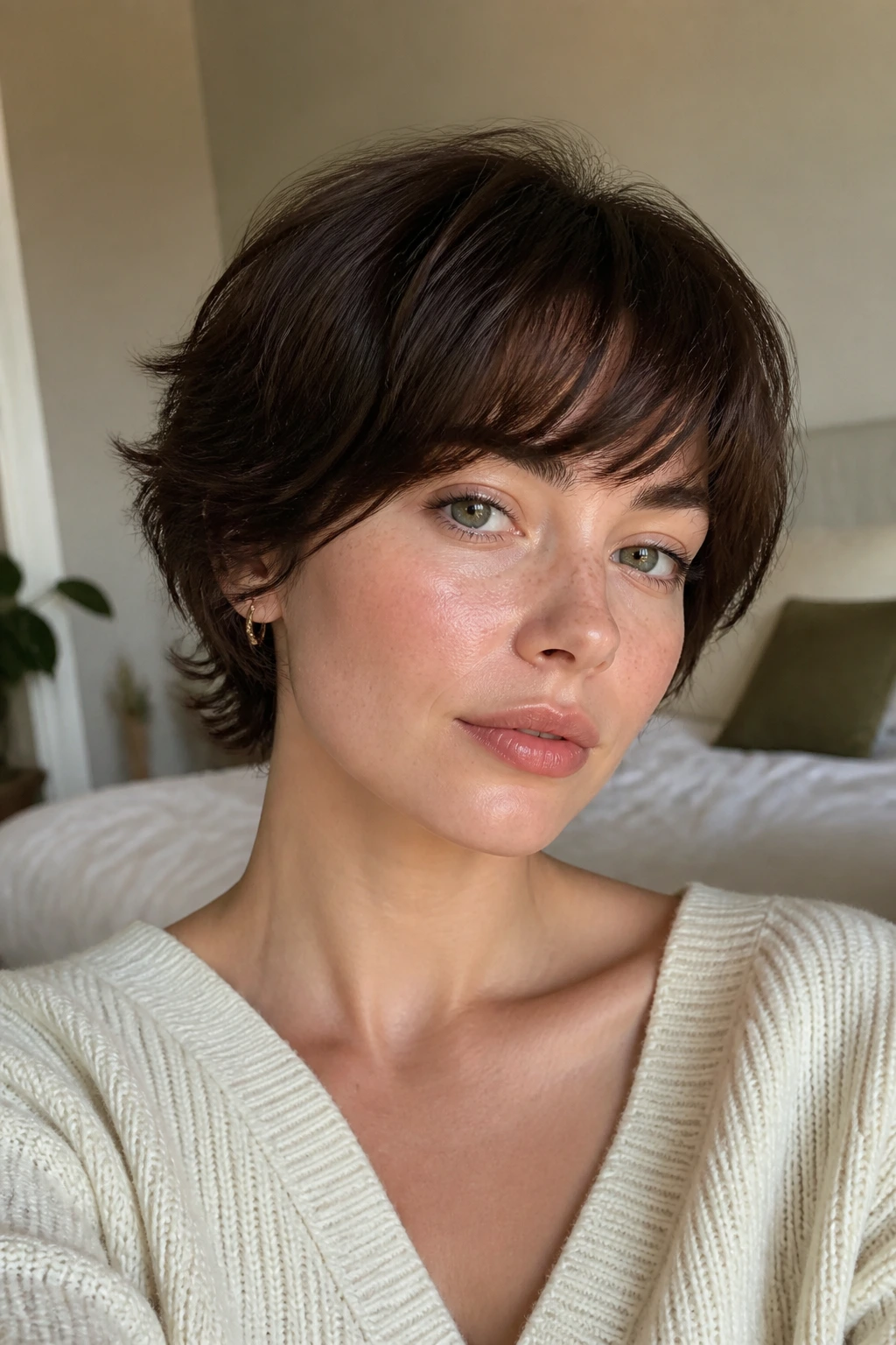 Close-up portrait of a real woman with soft bixie and curved fringe in bright room