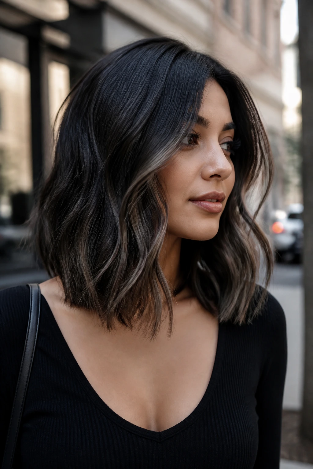 Close-up of soft black balayage on shoulder-length hair with lighter ribbons near the face