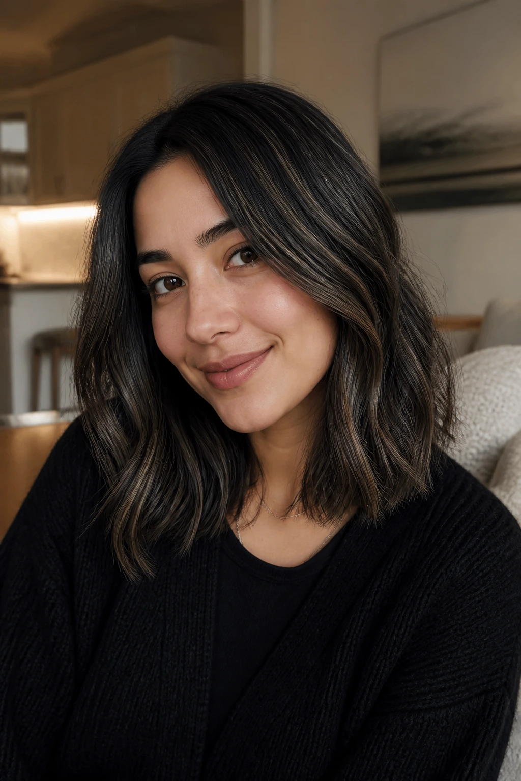 Close-up of soft black hair with beige babylights