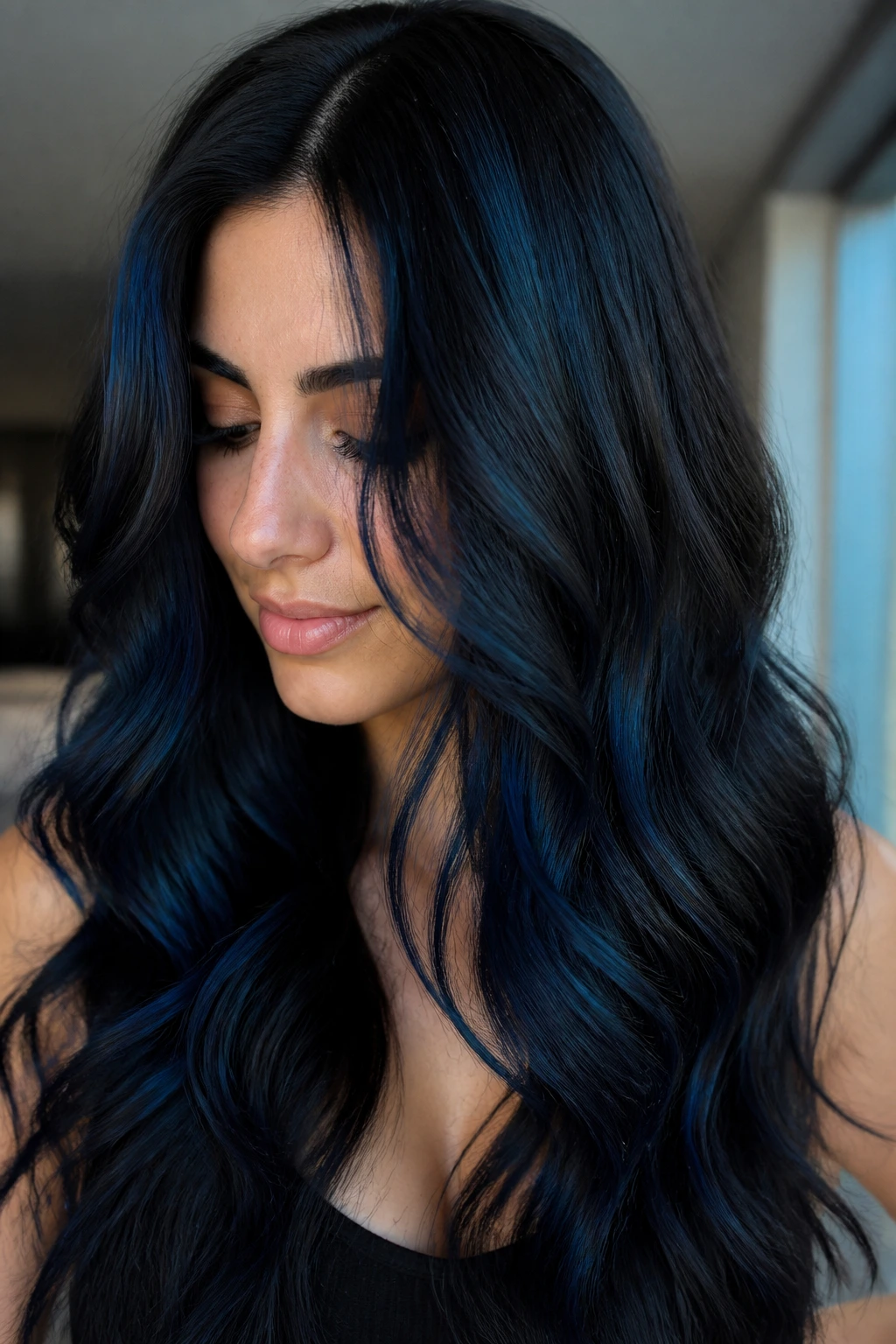 Real person with blue-black sheen ending hair under soft light