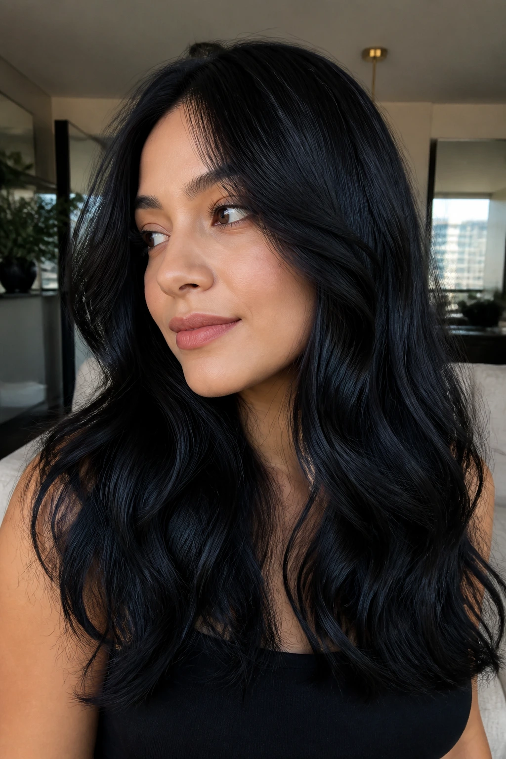Close-up of soft black hair with blue-black reflect on a real woman