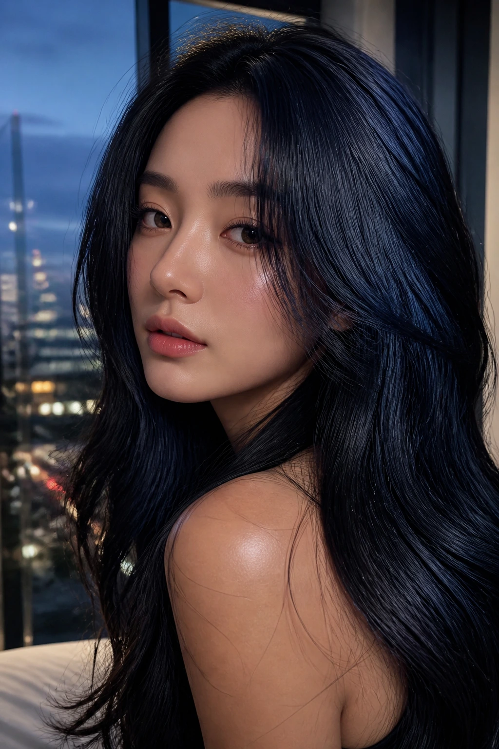 Real woman with soft black hair and blue sheen in cool ambient light