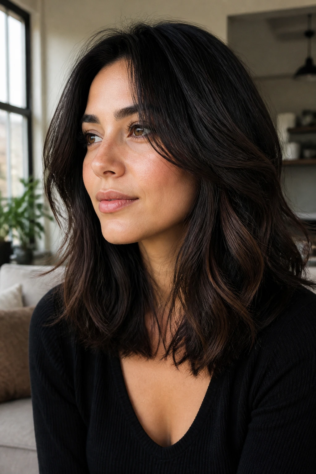 Portrait of soft black hair with chocolate lowlights in natural light