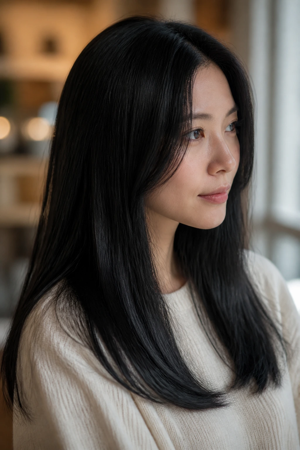 Close-up portrait of a real woman with fine straight hair and soft black gloss