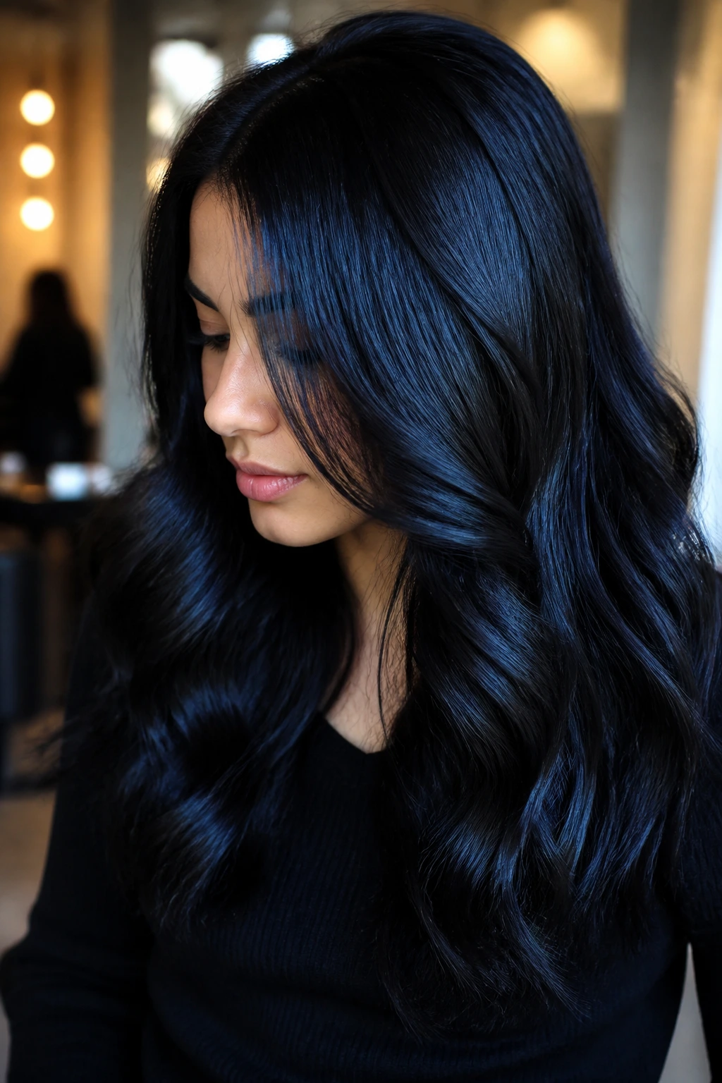 Close-up of deep black hair with blue shine on a real person