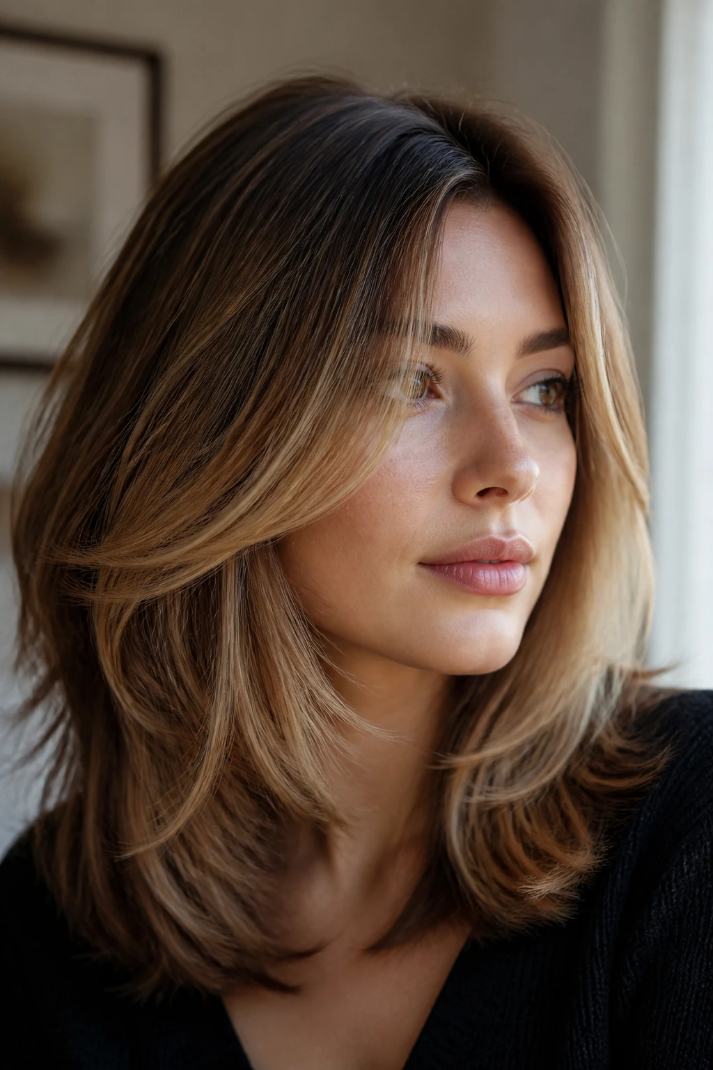Portrait of layered hair with soft-blend balayage on a real person