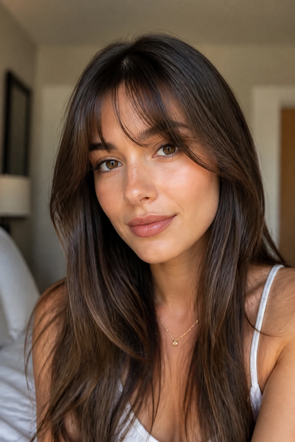Close-up portrait of a real woman with soft blended bangs blending into face framing hair under natural window light