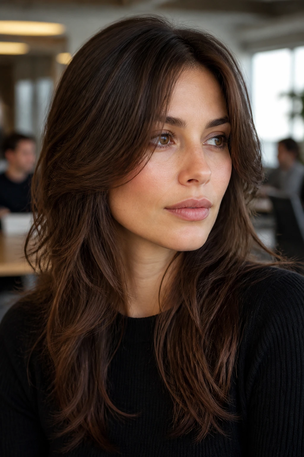 Real person with soft blended wolf cut in office light
