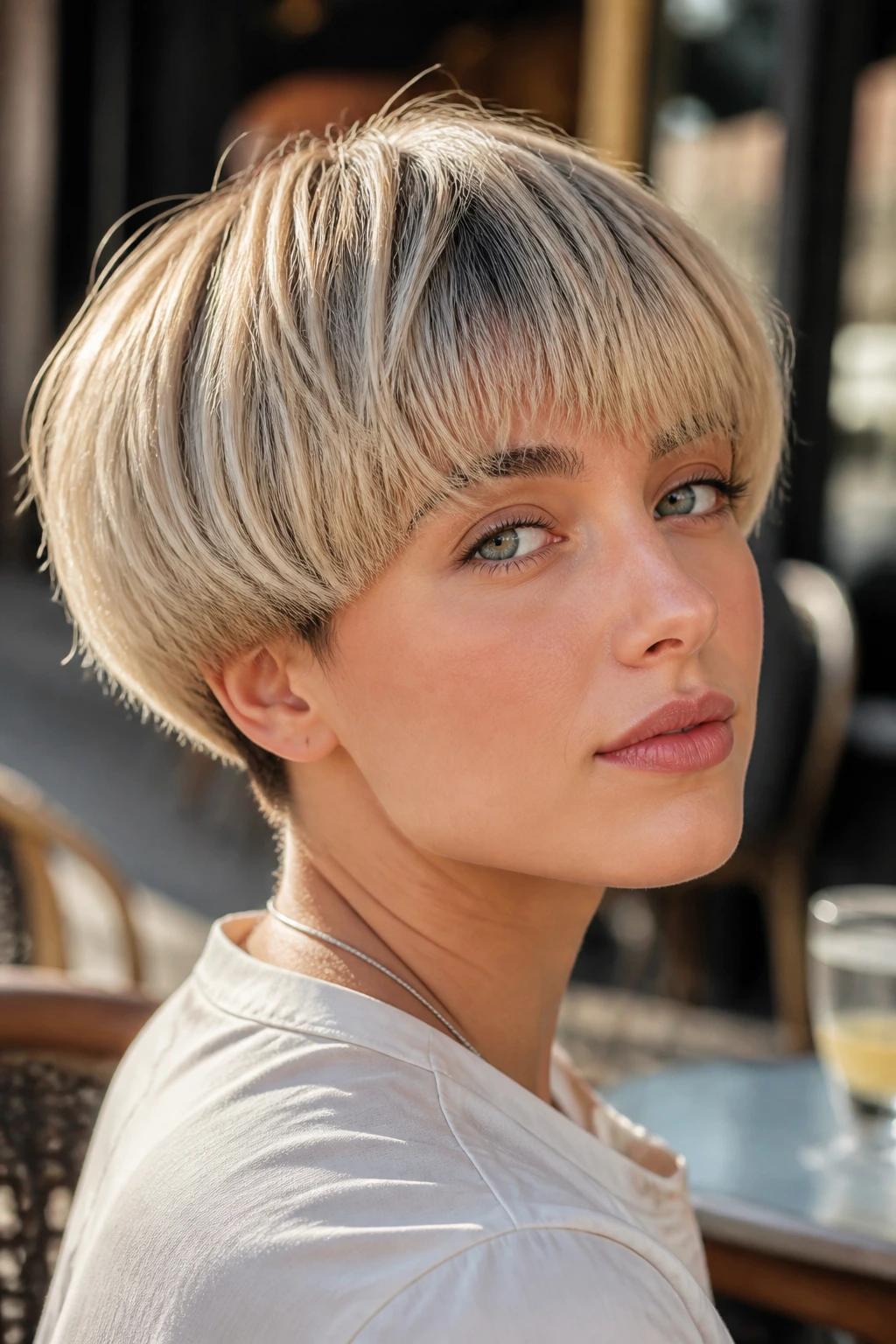 Real person with soft blonde bowl cut in outdoor cafe light