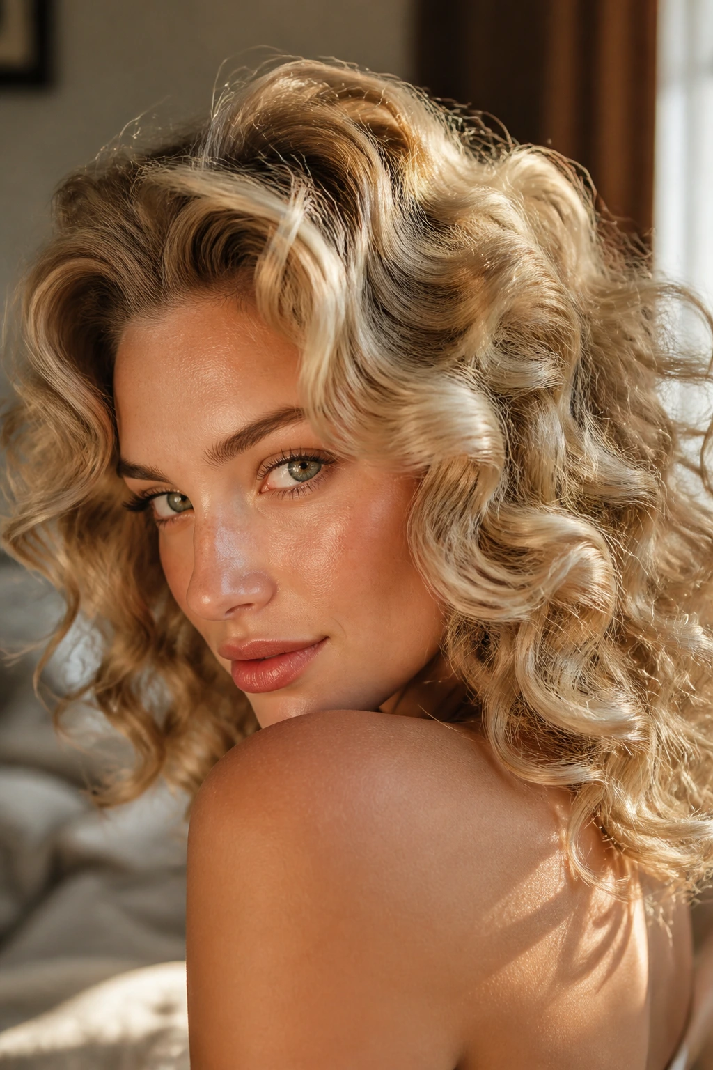 Close-up of a real woman with blonde curls in soft vintage waves by a window