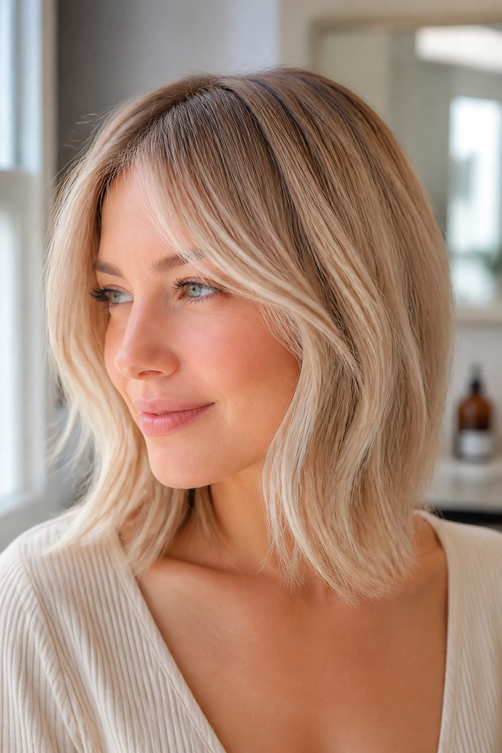 Close-up portrait of a real woman with soft blonde hair showing dimension and fullness.