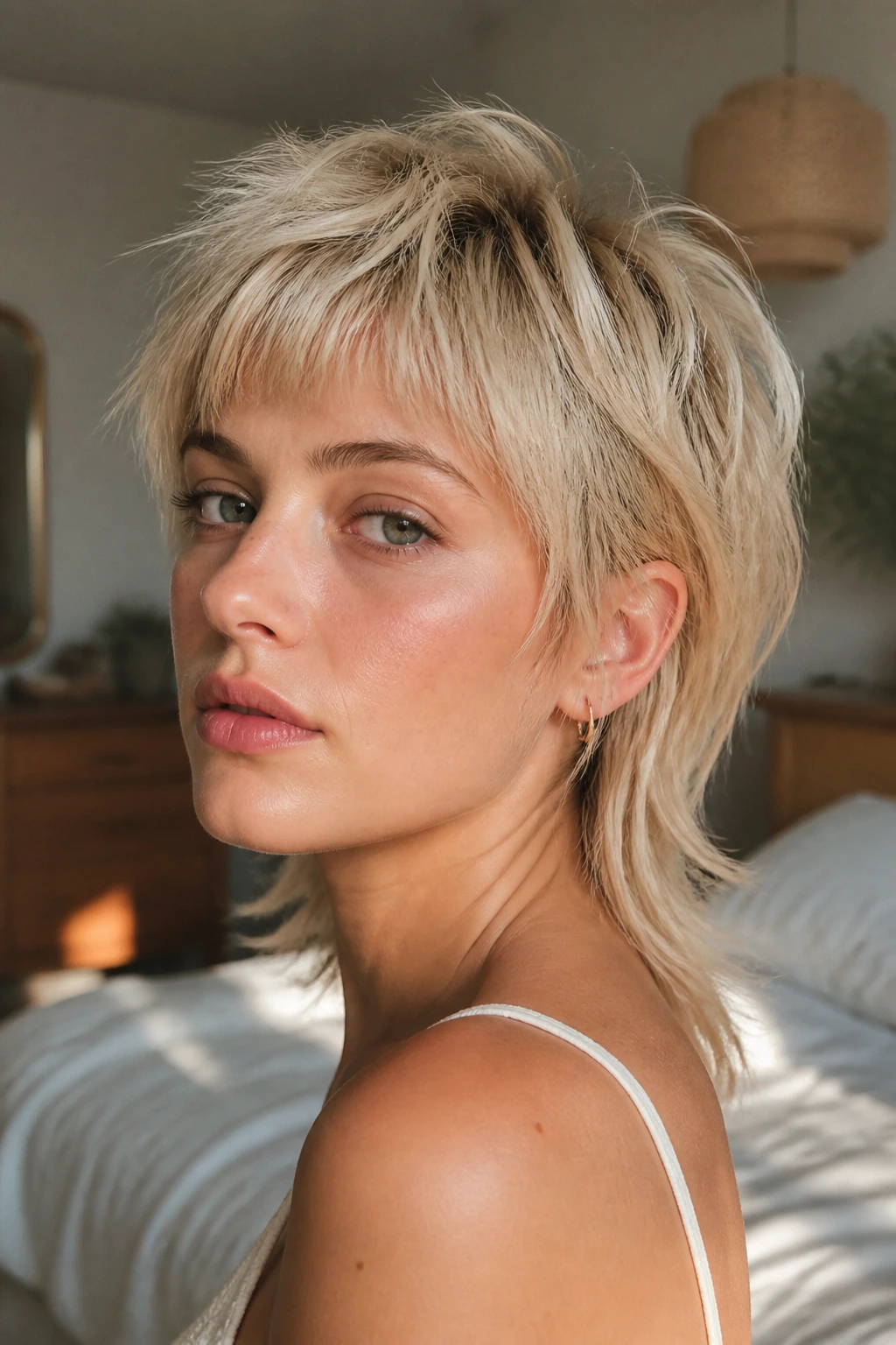 Portrait of a real woman with a soft blonde mullet and wispy ends in a warm bedroom setting.