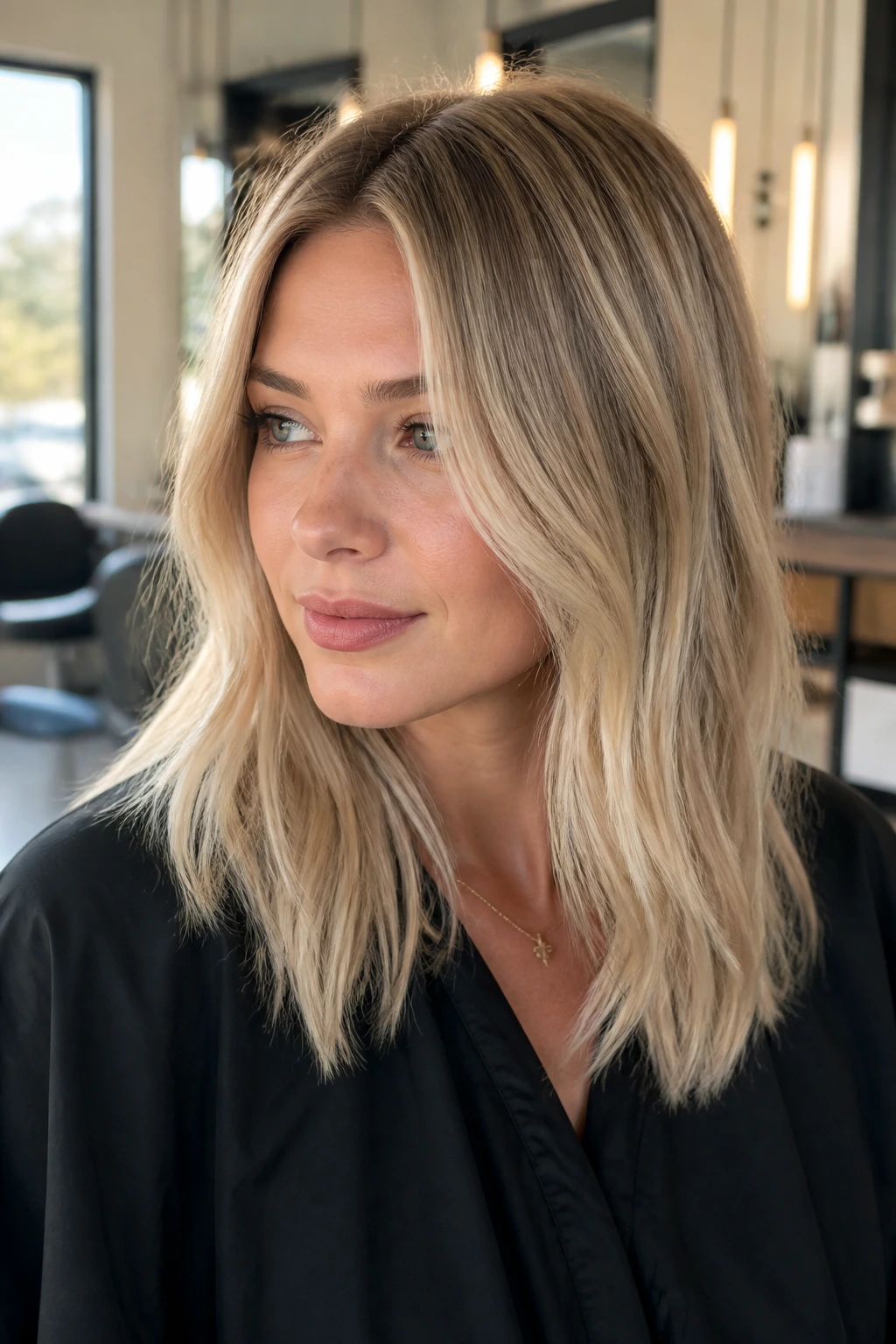 Close-up portrait of a real woman with soft blonde shades on fine hair, emphasizing root melt and blended ends