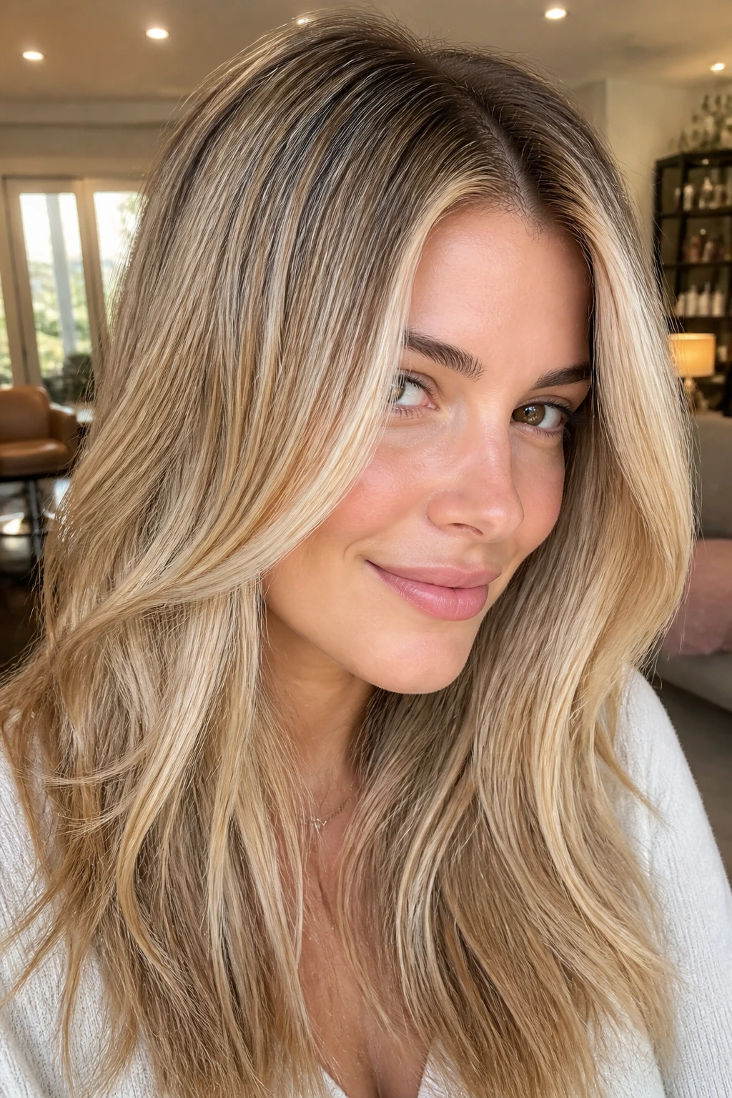 Close-up of a real woman's fine blonde hair with root shadow and soft face-framing glow