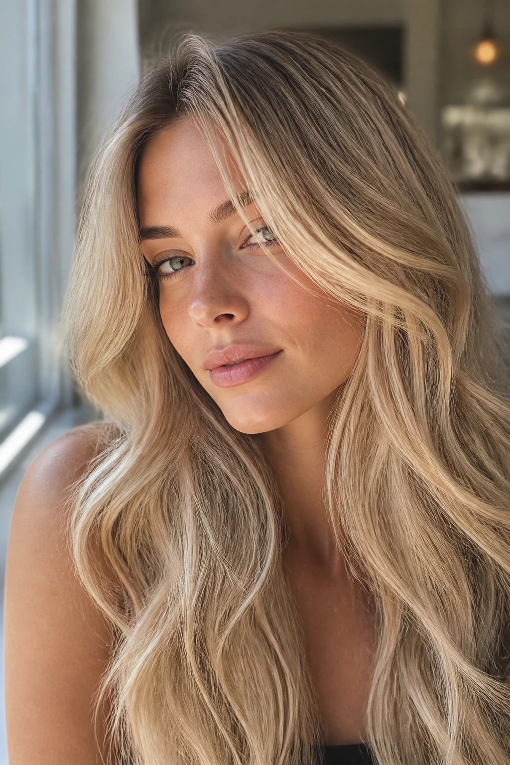 Close-up portrait of a real woman with soft blonde hair in bright window light showing soft shades