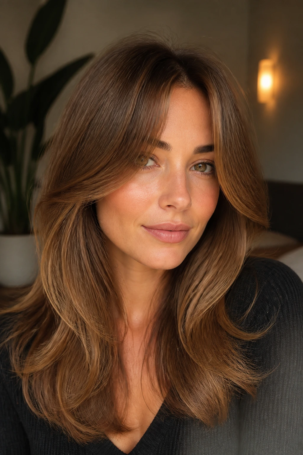 Close-up portrait of a real person with curtain bangs styled in a soft blowout
