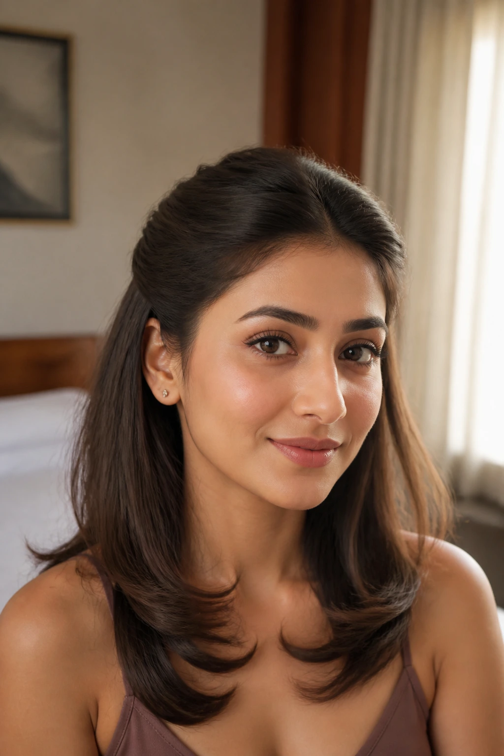 Close-up portrait of a woman with a soft blowout and tucked front sections behind the ears