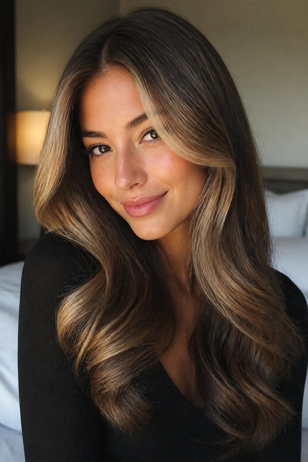 Close-up of a woman with a soft blowout and face-framing pieces