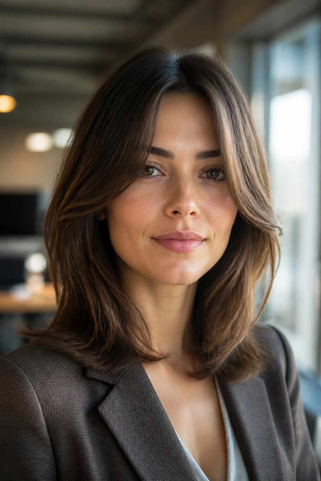 Close-up portrait of a real person with a soft blowout curtain bangs under warm window light