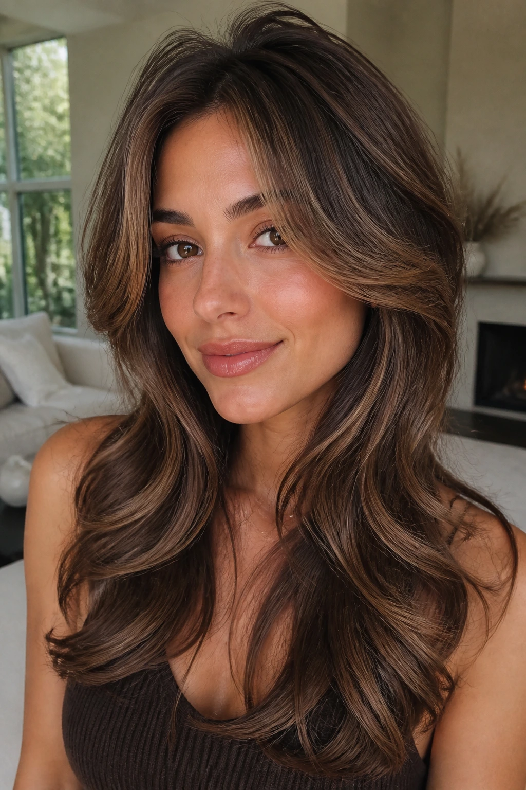 Close-up portrait of a real woman with soft blowout and face-framing layers