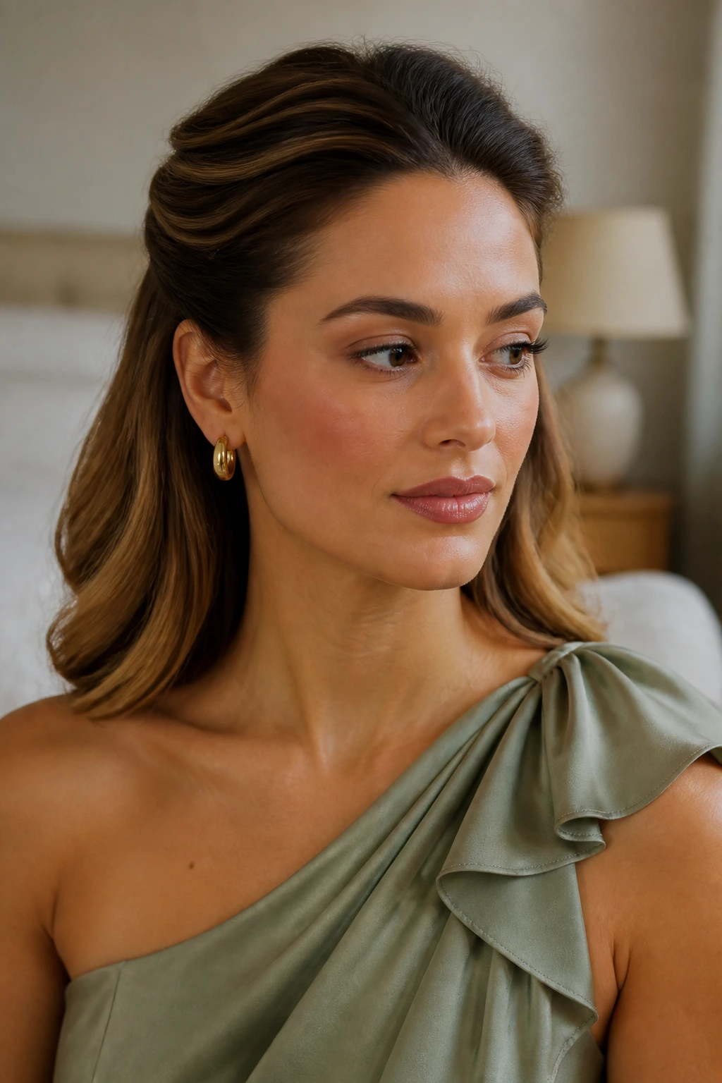 Close-up of a real woman with a soft blowout and tucked sides behind the ears