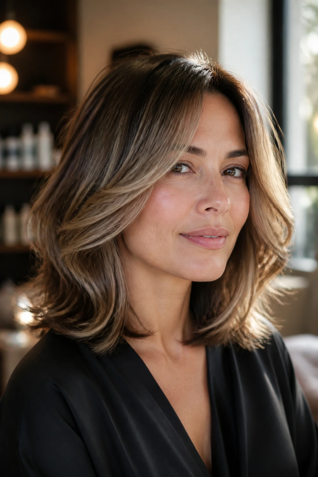 Portrait of a woman with a soft blowout layered haircut and subtle balayage in warm light