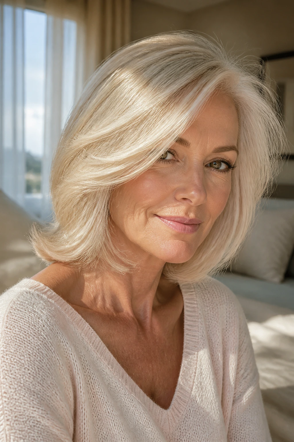 Real woman with soft blowout lob and bouncy ends