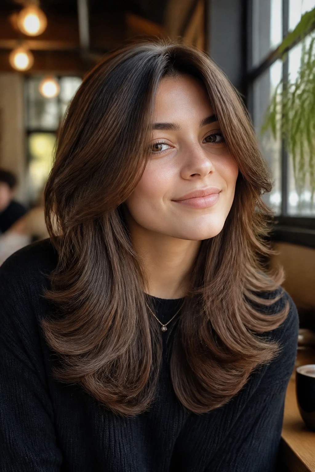 Portrait of a real person with a soft, glossy blowout wolf cut