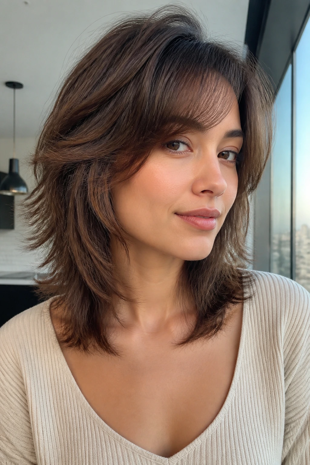 Close-up of a real person with soft blowout wolf cut and side bangs in bright apartment light