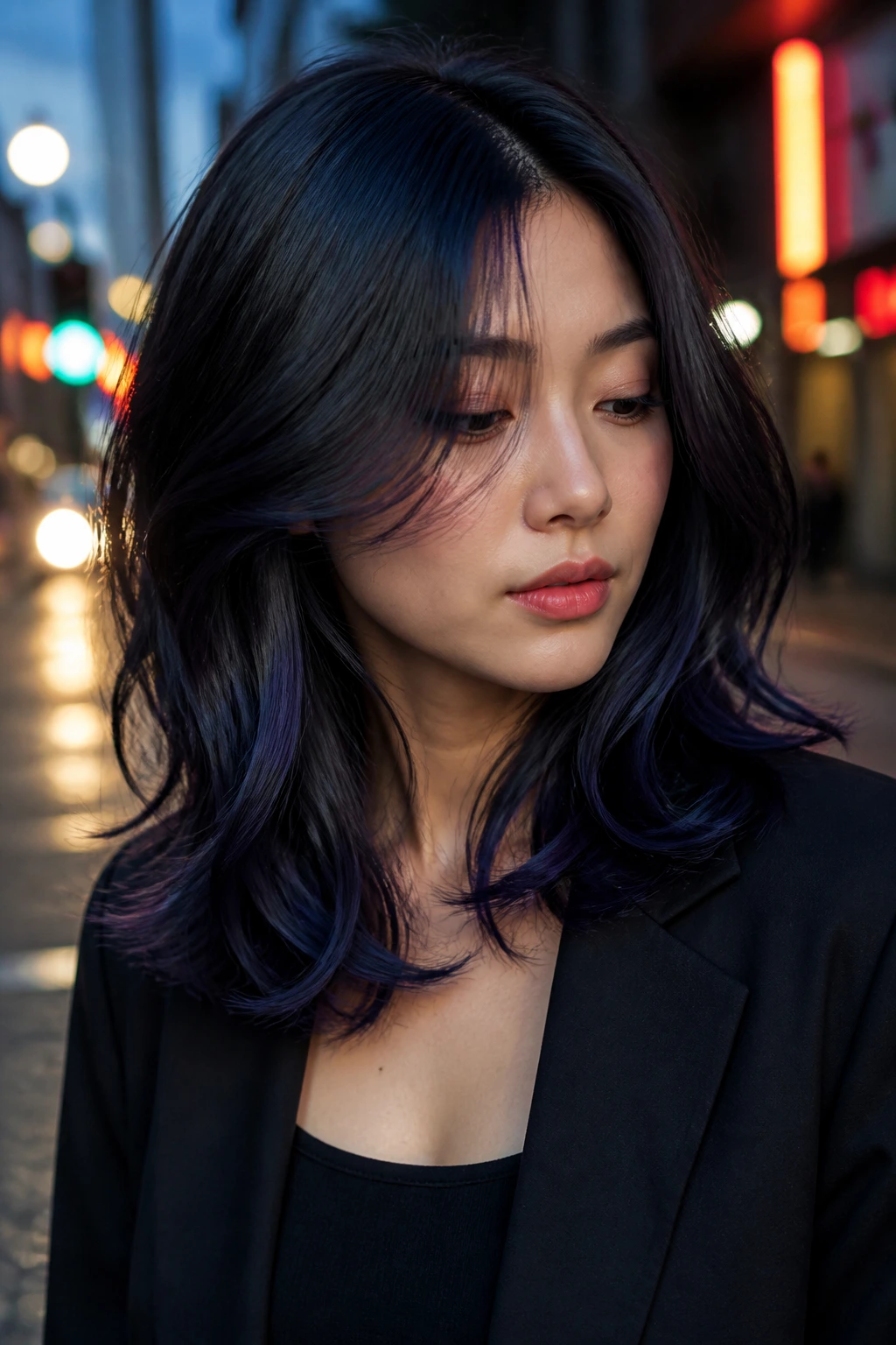 Portrait of a real woman with soft blue-black hair and indigo underlights, urban dusk lighting.