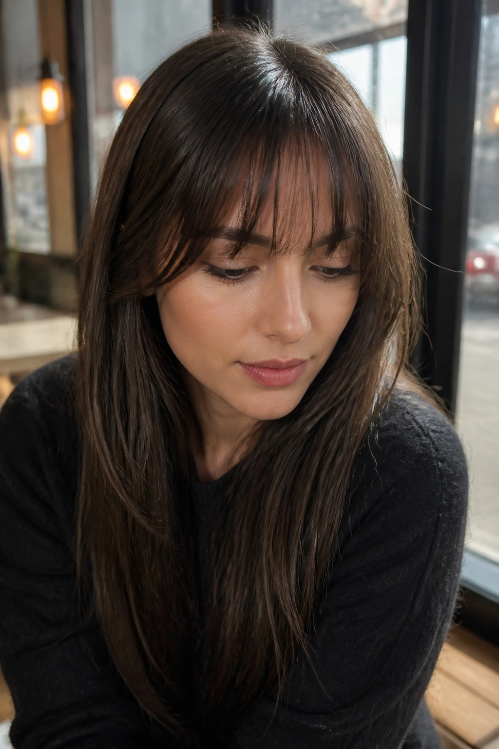 Close-up portrait of a real woman with airy soft blunt bangs in a cafe window light