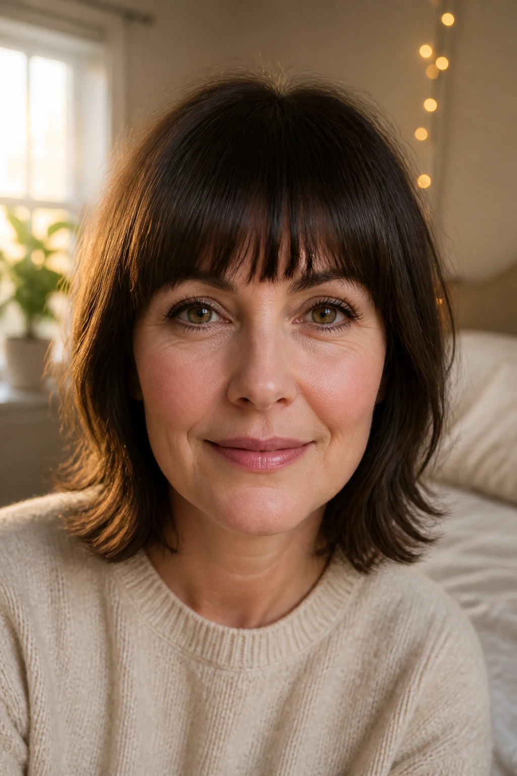 Close-up portrait of a real woman with soft blunt bangs and rounded edges, window light