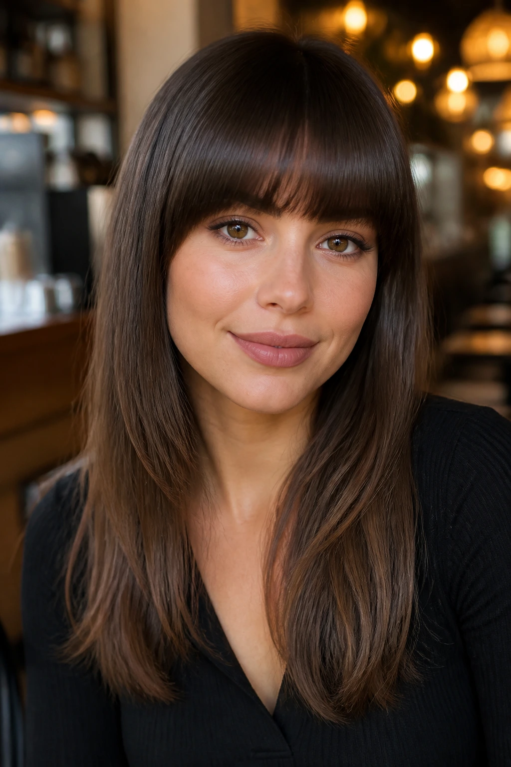 Portrait of a person with soft blunt bangs and rounded edge.