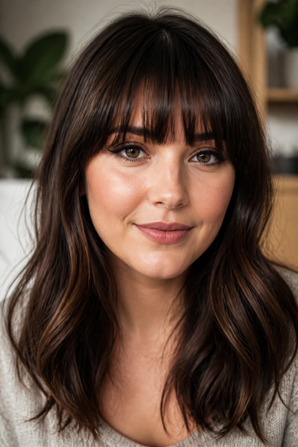 Close-up portrait of soft blunt bangs skimming the brows on a real person