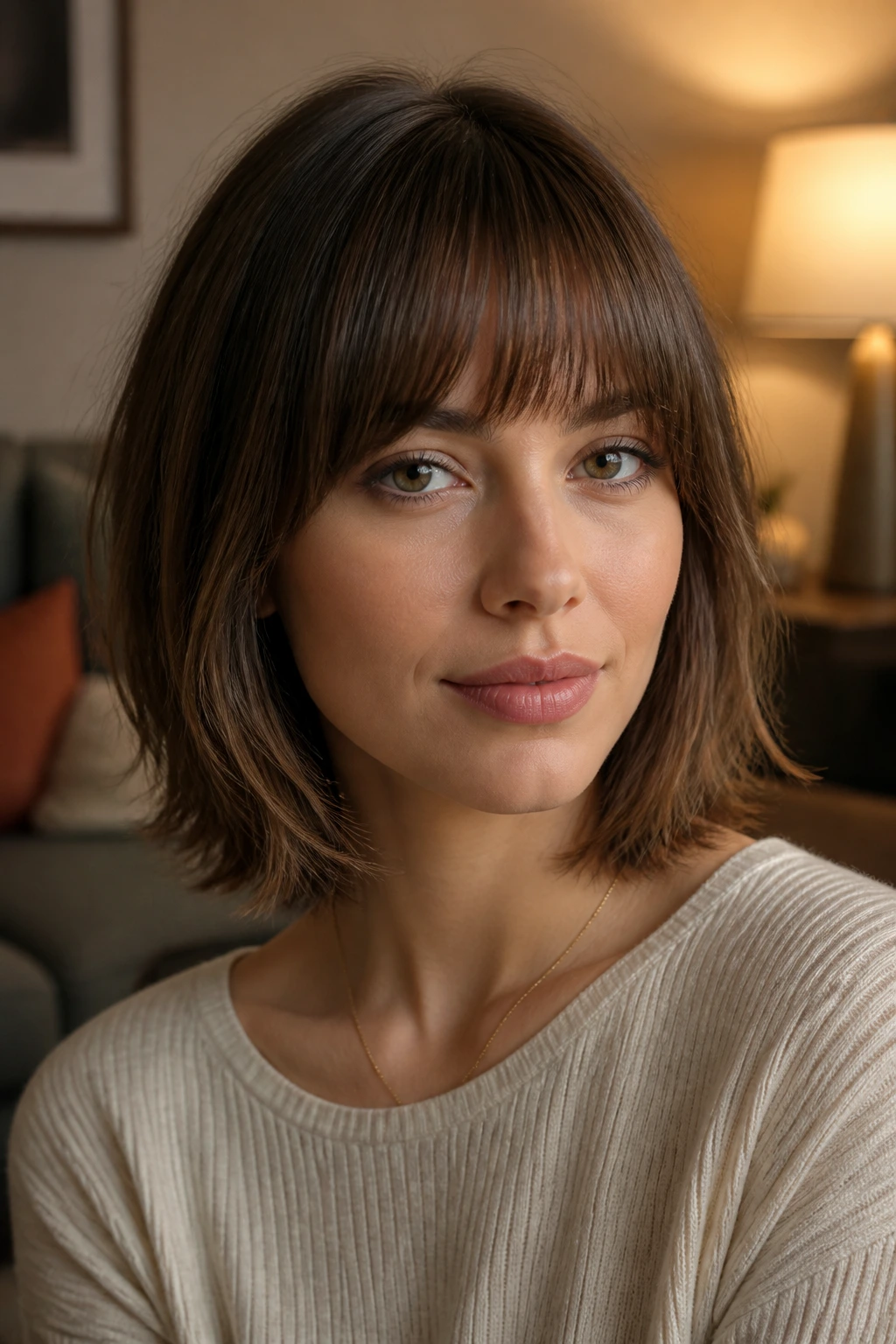 Close-up portrait of a real woman with soft blunt bangs and warm indoor lighting.