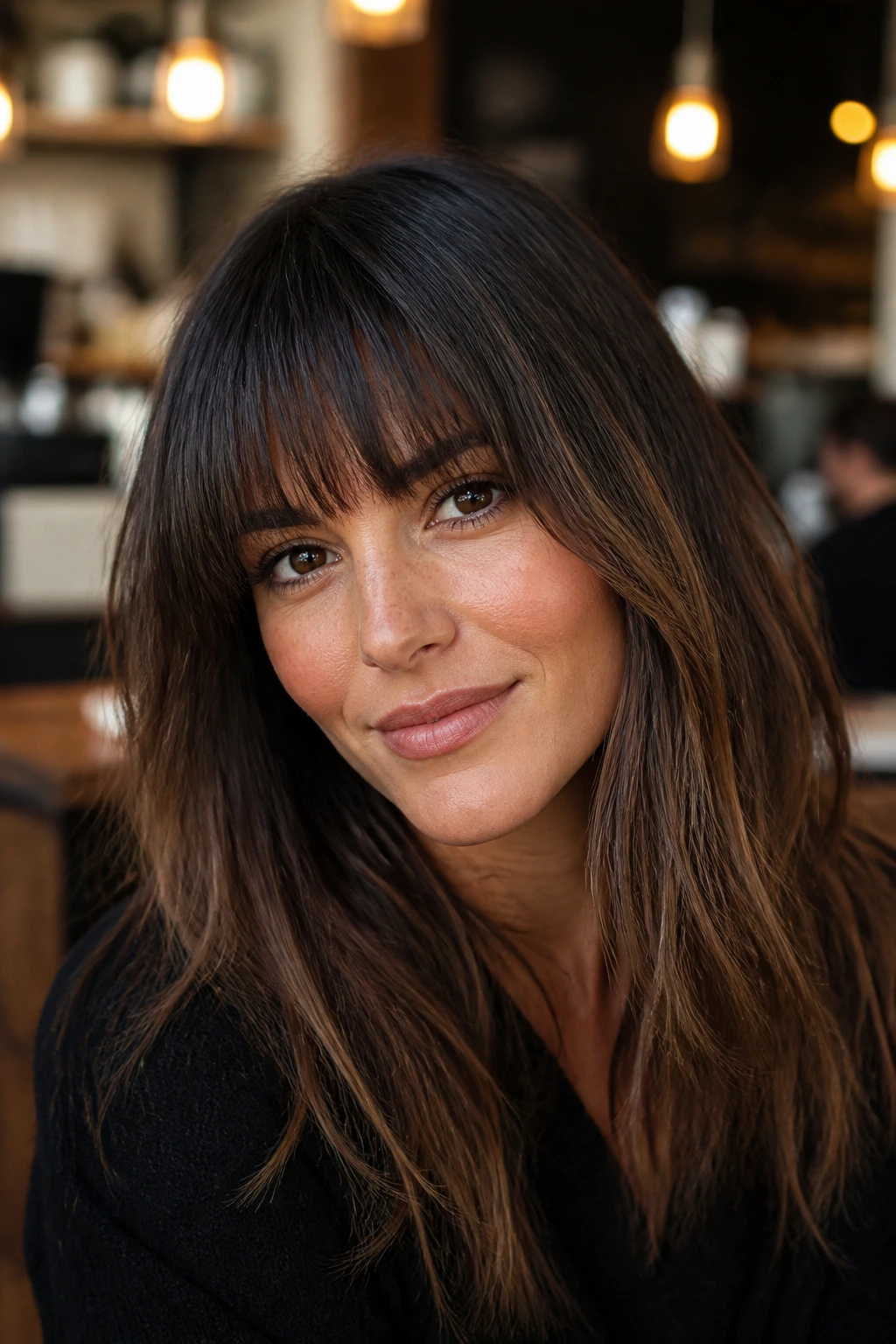Close-up of a real woman with soft blunt bangs textured at the ends