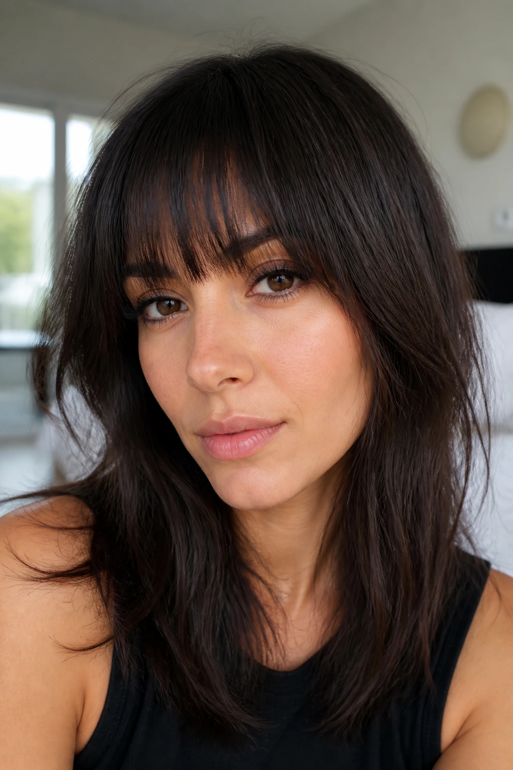 Close-up of a real woman with soft blunt bangs textured at the ends in natural light