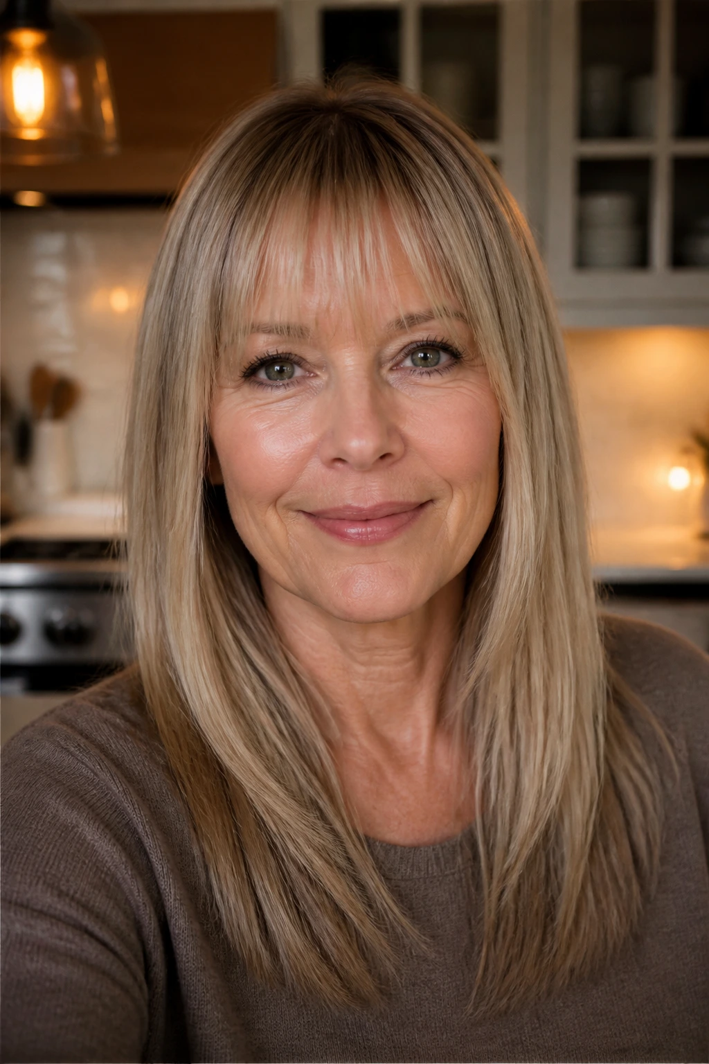 Close-up portrait of soft blunt bangs with thinned ends on a real woman