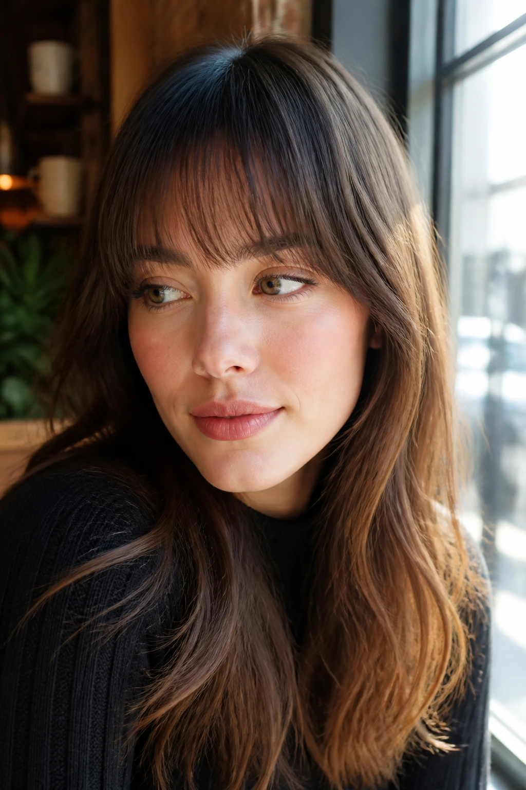 Close-up of a real woman with soft blunt bangs and thinned ends in daylight