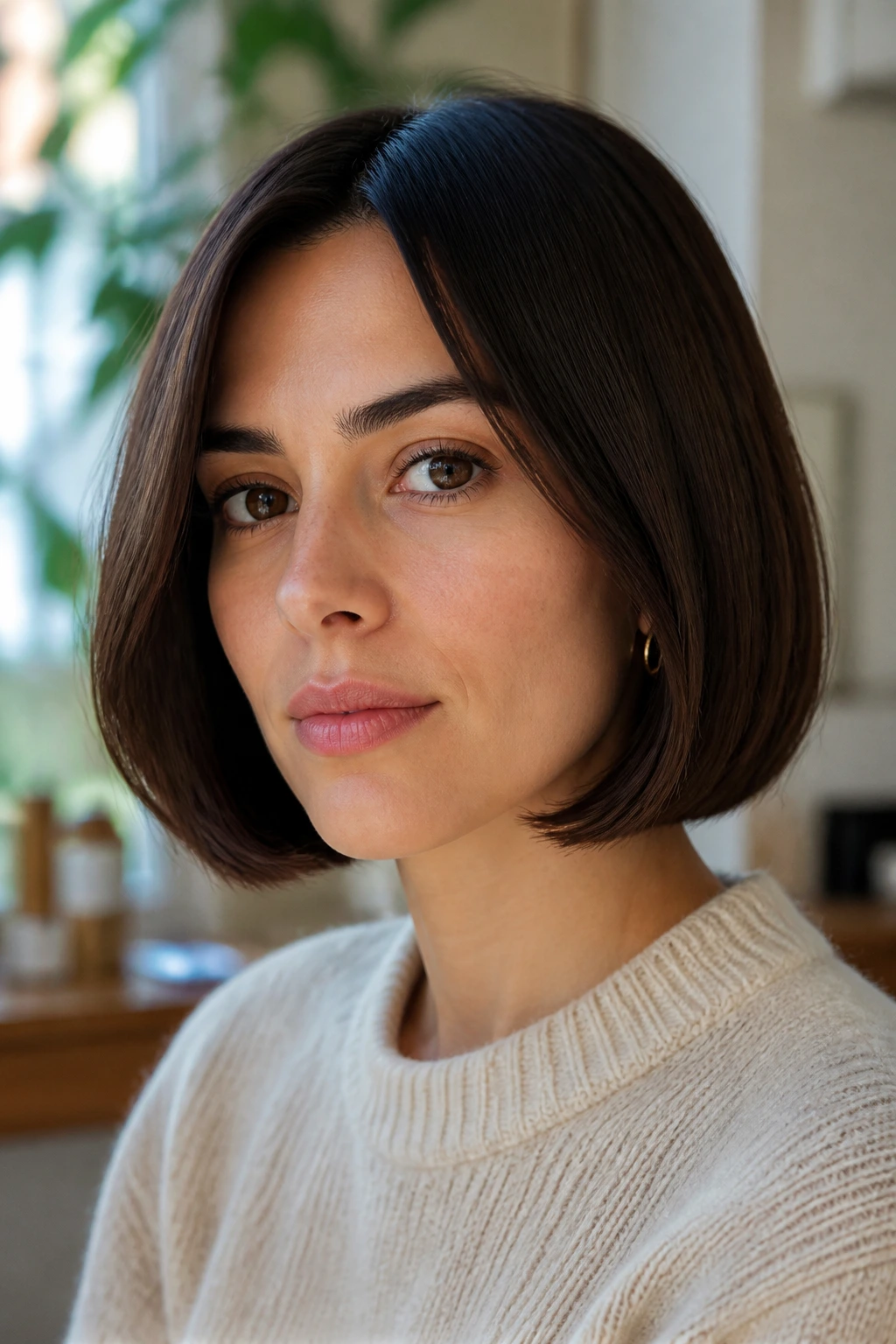 Real woman with soft blunt Italian bob; even length with a subtle bevel.